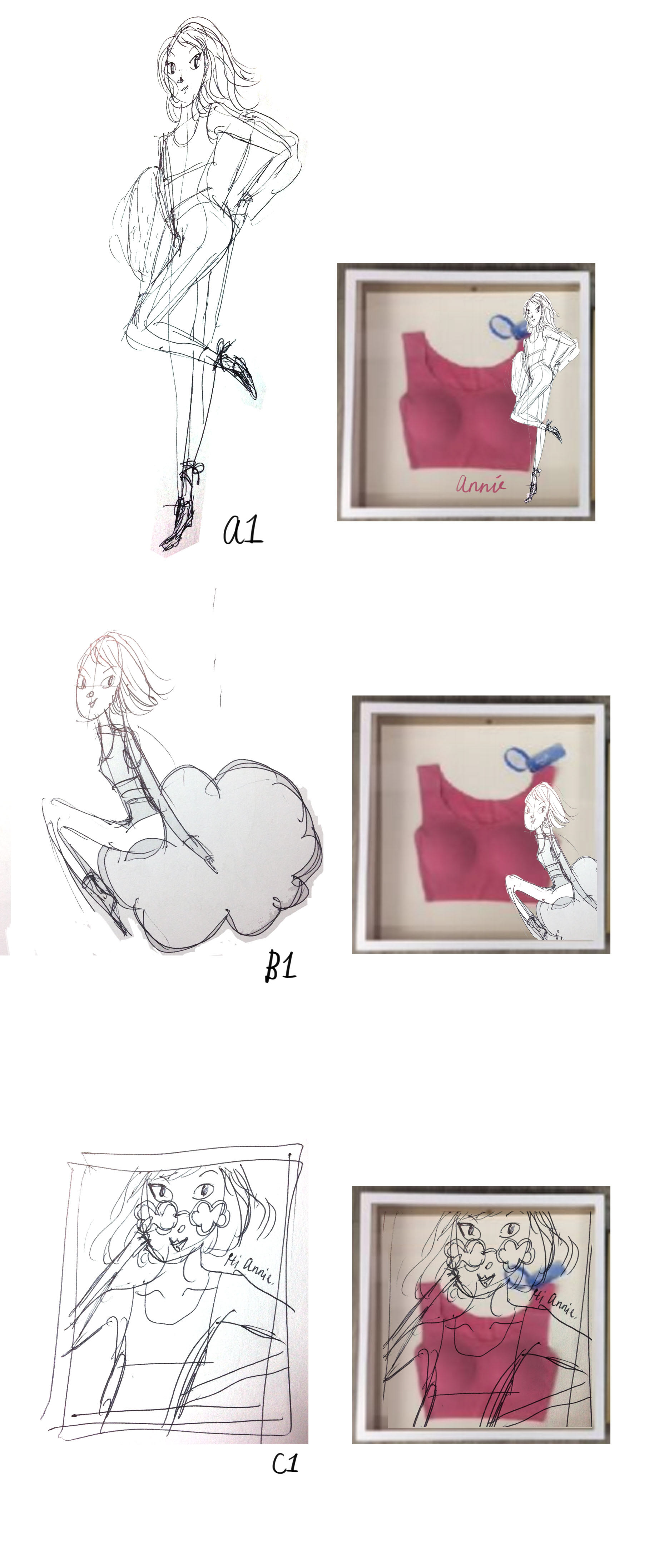 Rough sketch of fashion illustration and framed bra display case