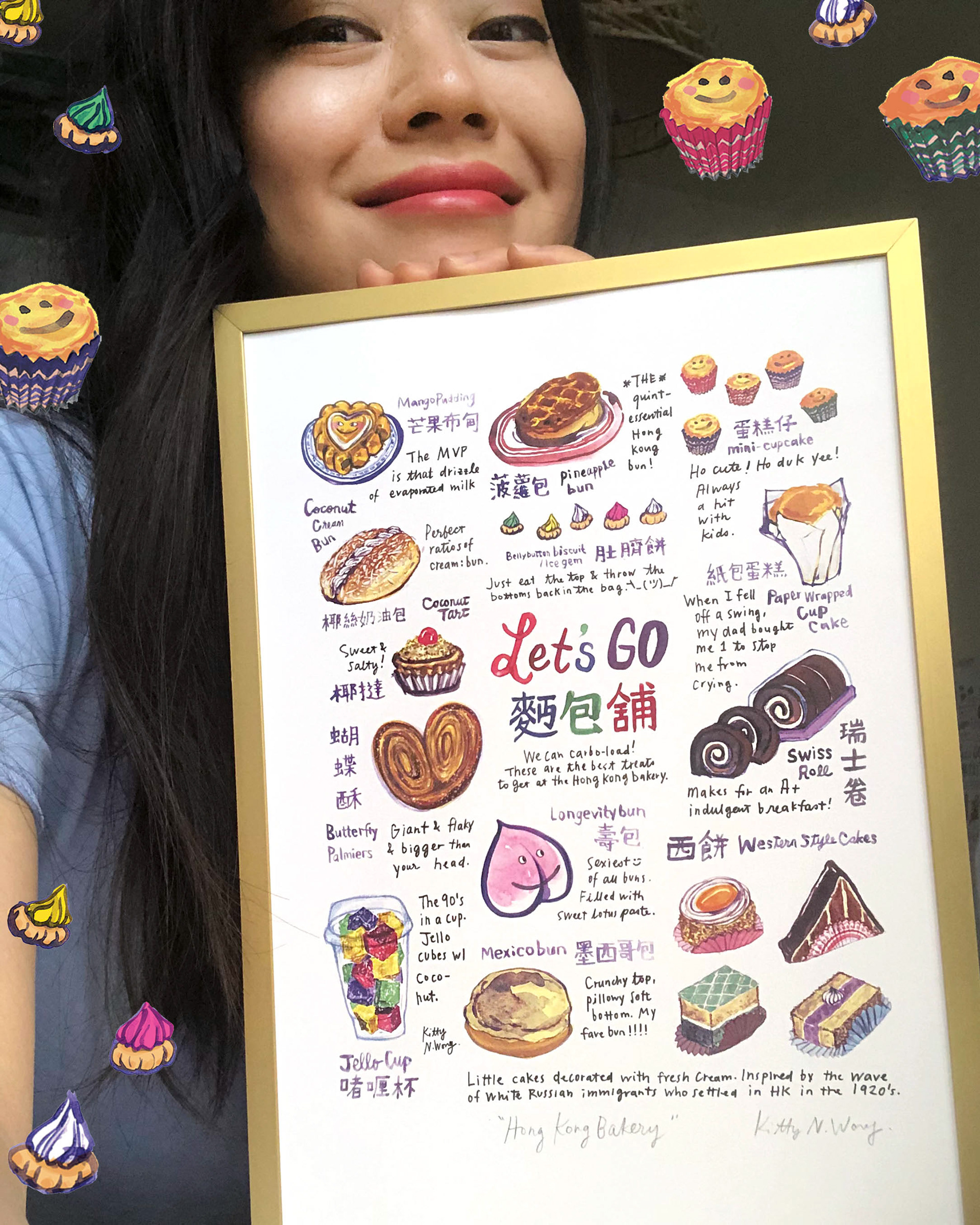 Woman holding frame of artwork that says "Hong Kong Bakery"