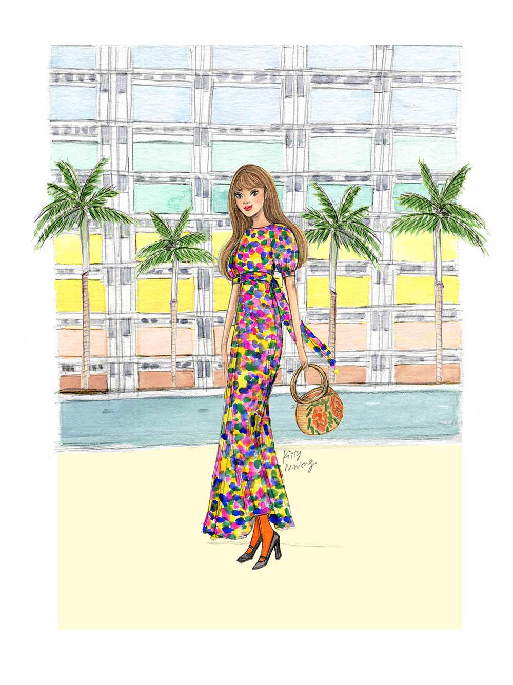 Painting of Hong Kong blogger Taylor R wearing a vintage patterned dress with Choi Hung Estate and palm trees