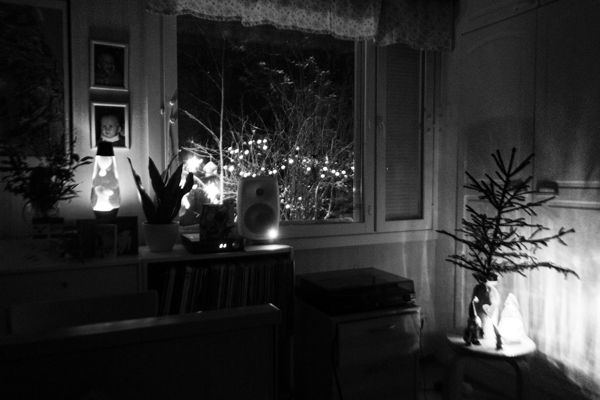 A black-and-white photo of a corner of a dark room with a window. Outside the window are Christmas lights on a bush and the light of sparkles. Inside there is a small Christmas tree on a stool and a lava lamp.
