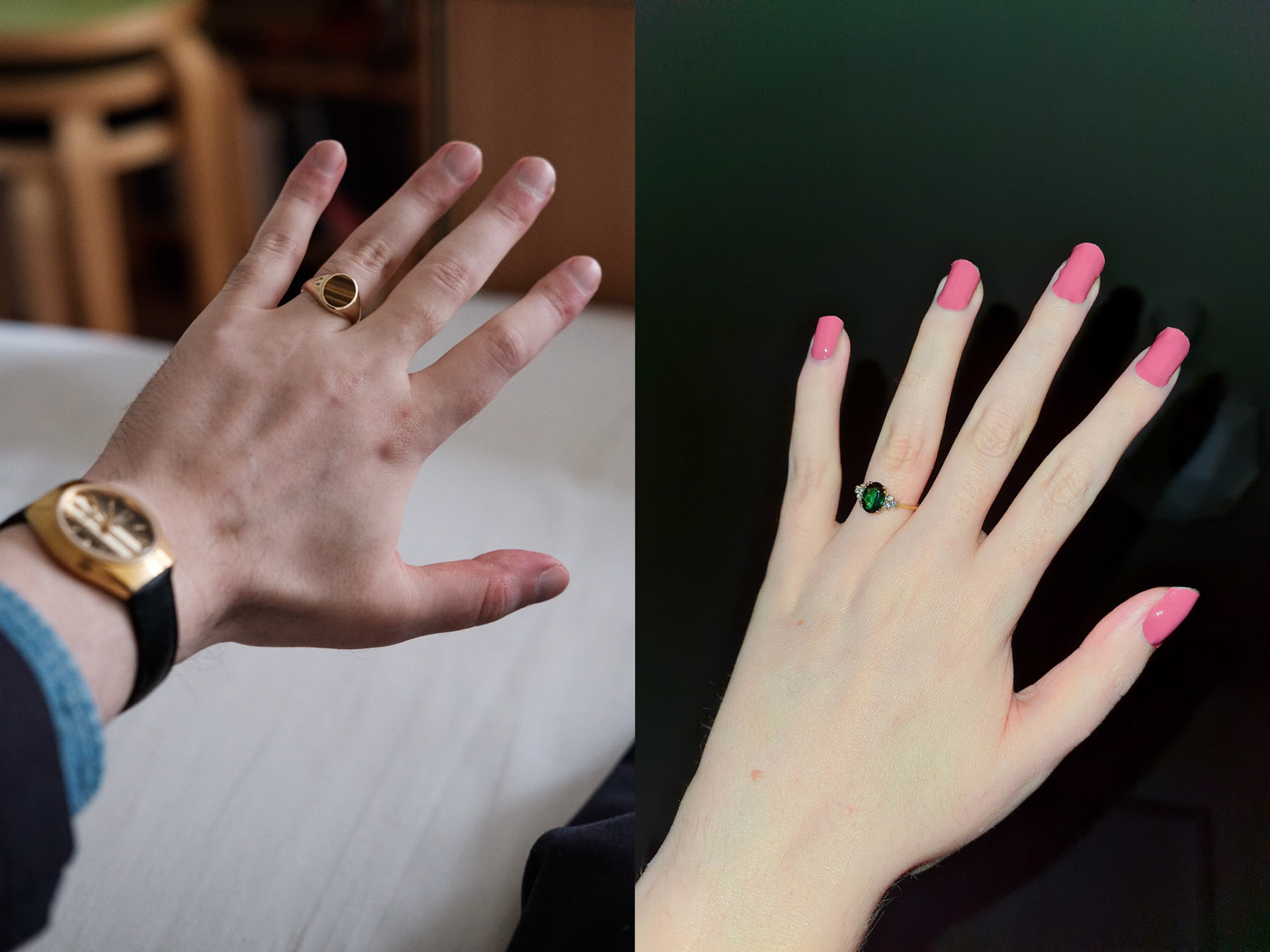 Getting engaged after such a short time of being together felt only natural. I think it means more to wear a ring in our situation as it’s a tangible reminder of our love – something I put on every morning that makes me think about Line.  There is also a story about the rings. The colours of the stones represent our eye colours: my eyes are hazel, so Line’s ring has a green stone; and Line’s eyes are brown, so my ring has a brownish stone.