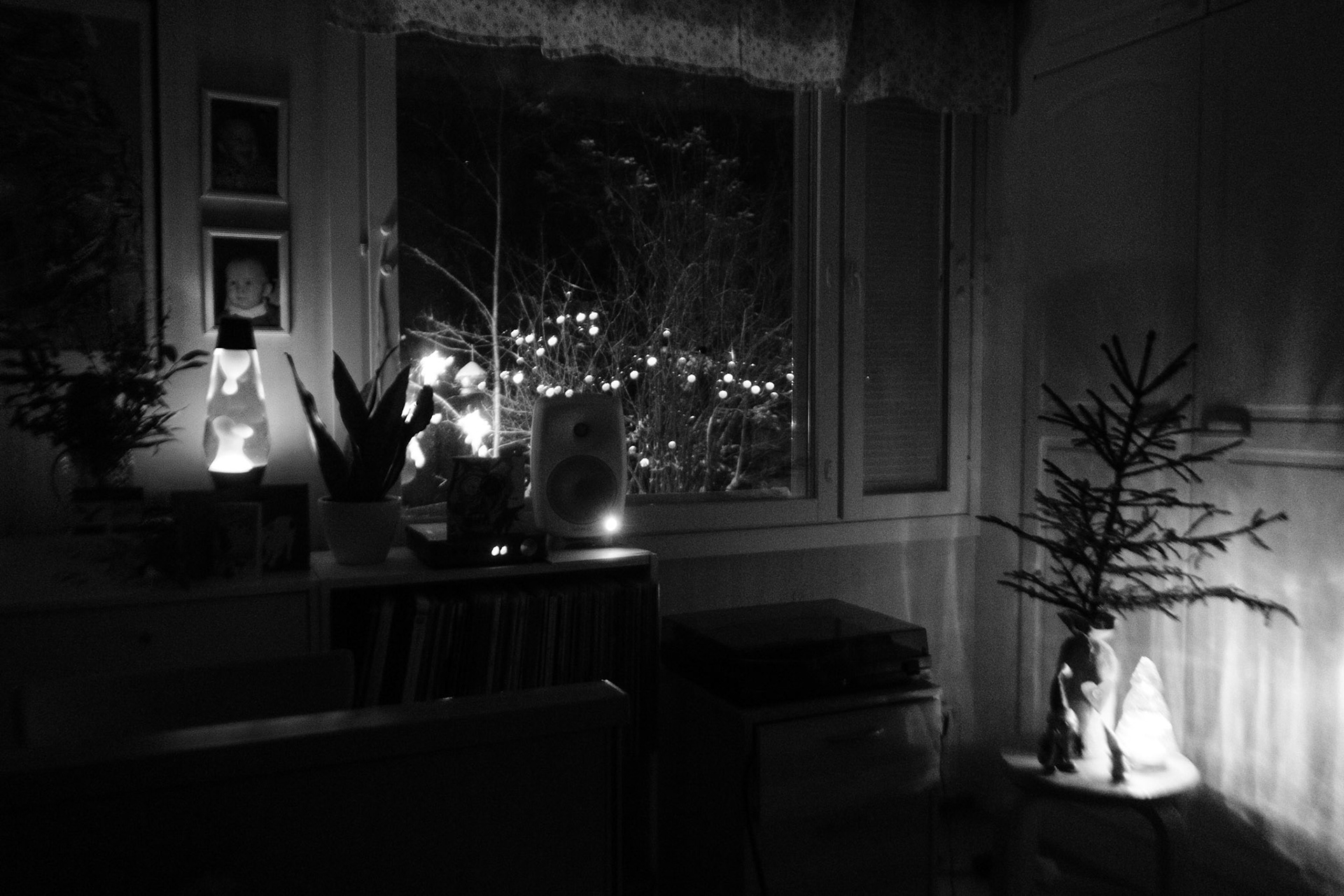 A black and white photo of a corner of a dark room with a window. Outside the window are Christmas lights on a bush and the light of sparkles. Inside there is a small Christmas tree on a stool and a lava lamp.