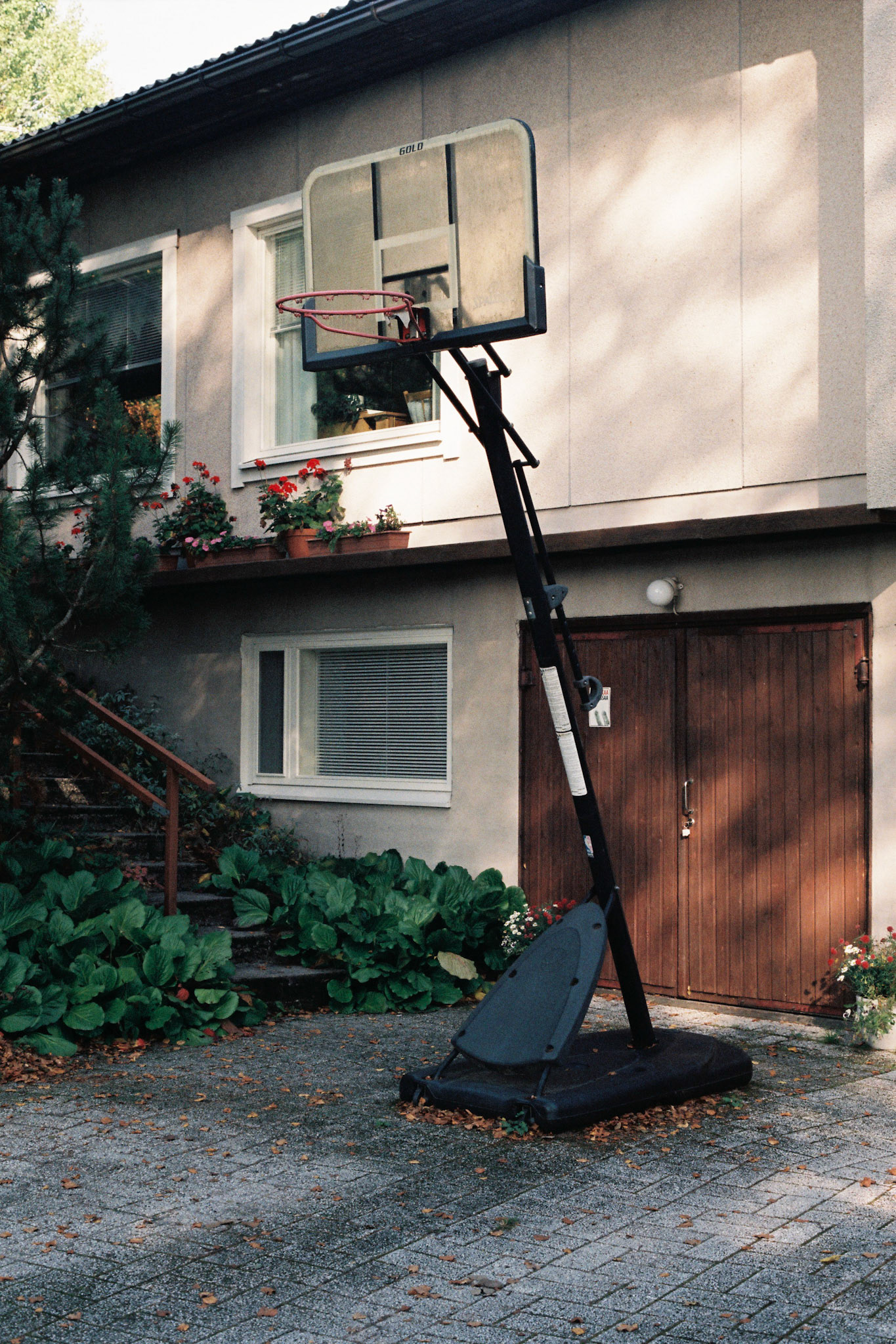 A colour photograph of the front of a house that has a basketball hoop in front of wooden garage doors. The house is built on a hill, and the stairs leading to the front door are visible.