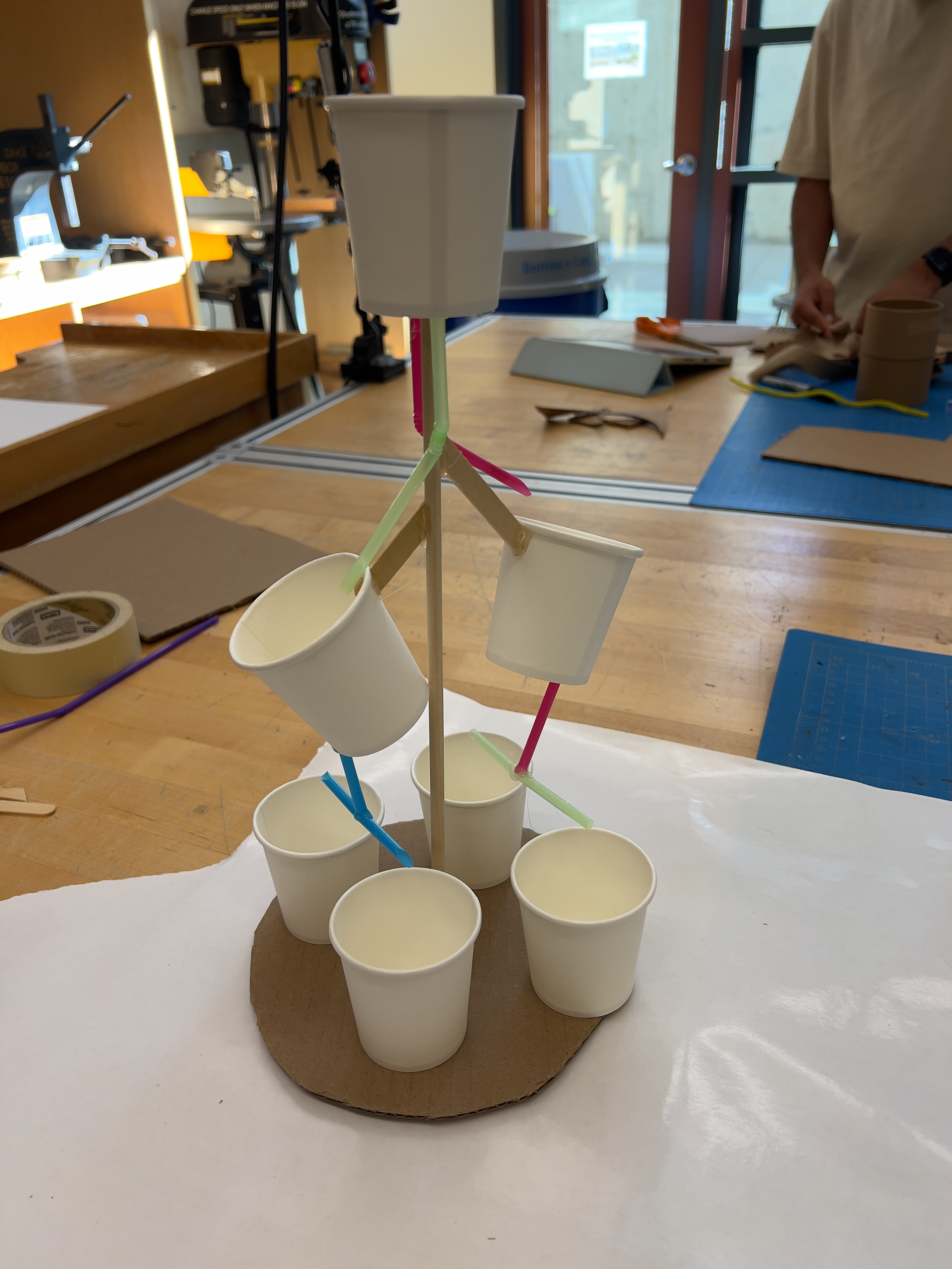 Prototype #1 made from paper cups, straws, sticks, and hot glue.