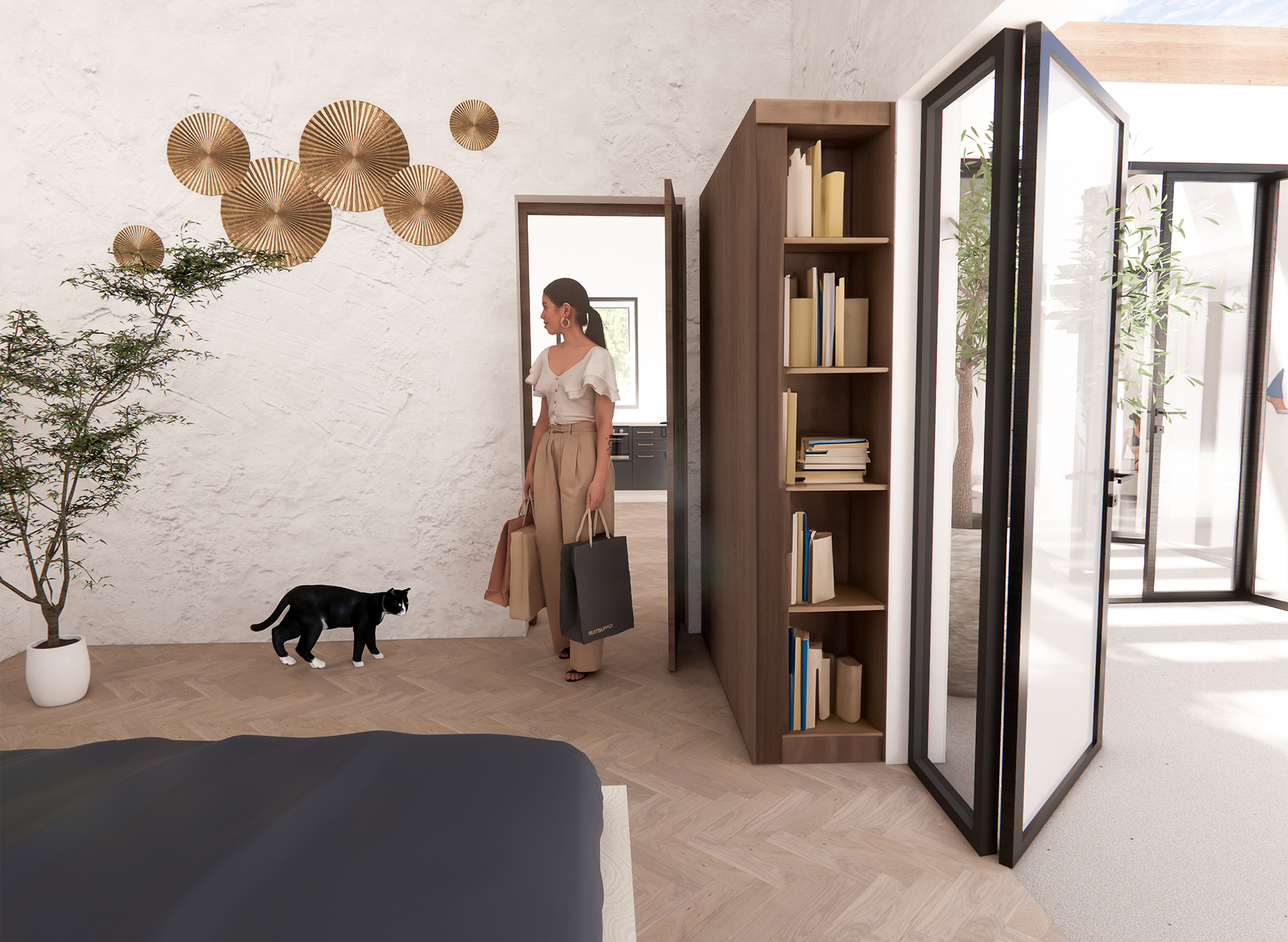 Bedroom interior with kitchen views and poolside access