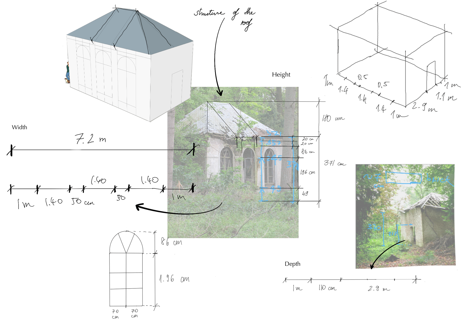 sketches are created on a gridded canvas to facilitate the measurement of different sections