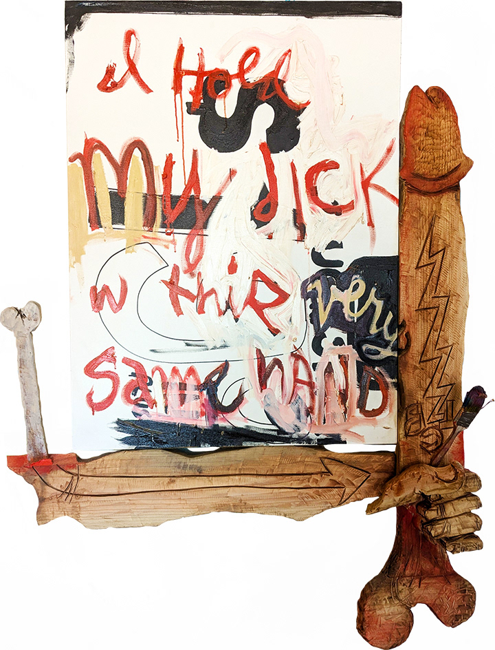 "Sack Red He Art"  Aaron Sheppard, 2024 Oil, acrylic, ink on canvas with carved wooden frame including used paintbrush 60 x 43 inches
