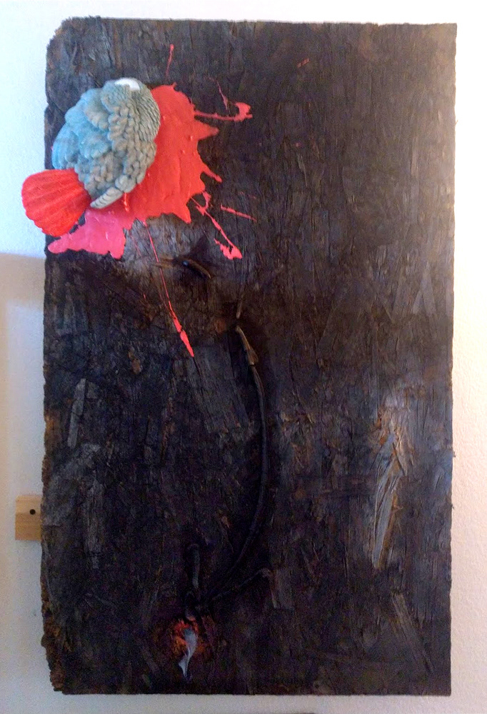 "Roadkill Essence" 2019, mixed-media on particleboard, 40 x 24 inches