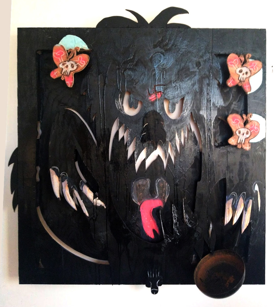 "Swashbuttlerfliermiser" 2020, mixed-media on plywood, 54 x 50 inches