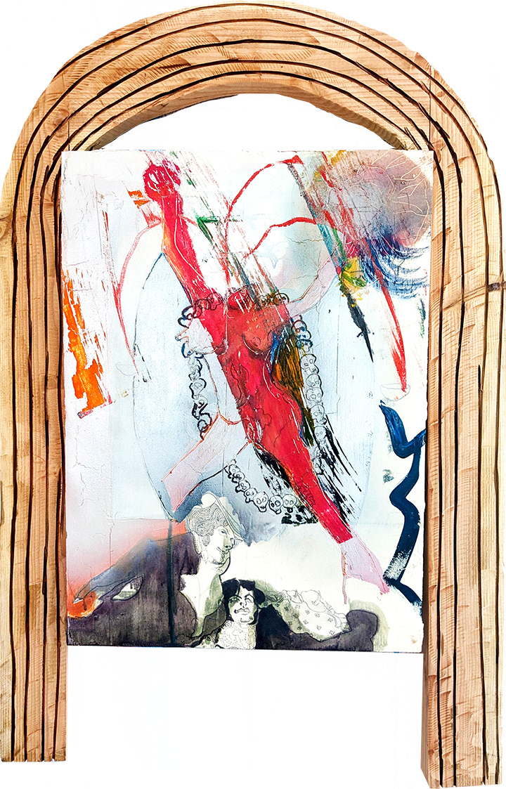 "Yur Private Chinnamastadancer" Aaron Sheppard, 2024 Oil, spray paint, graphite, plaster on wood with carved wooden frame 39 x 25 inches
