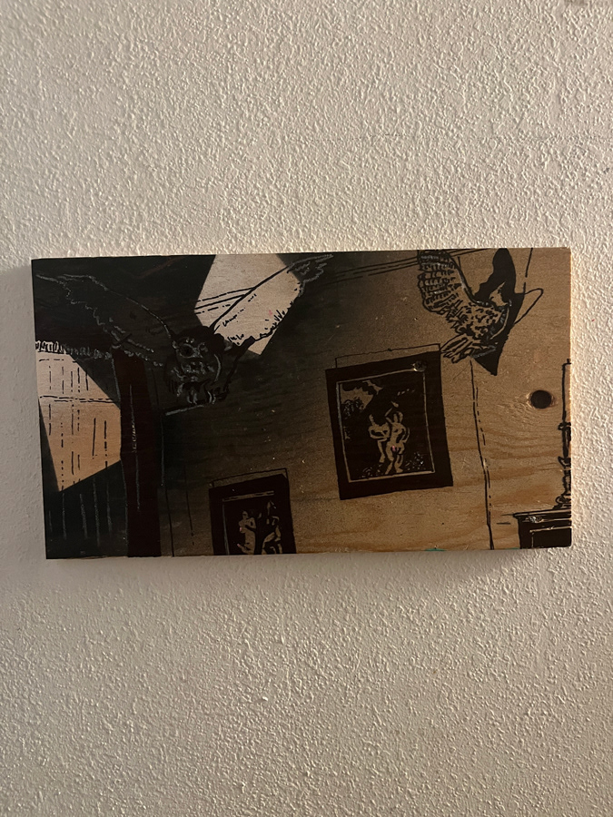 Safe Space: Psycho, 2022, Ink, watercolor, crayon, feathers on plywood, 8 x 12 inches