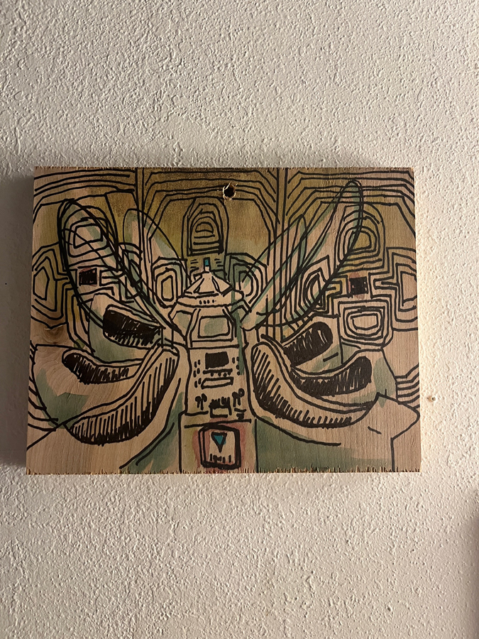 Safe Space: Alien, 2022, Ink, watercolor on plywood, 8 x 12 inches