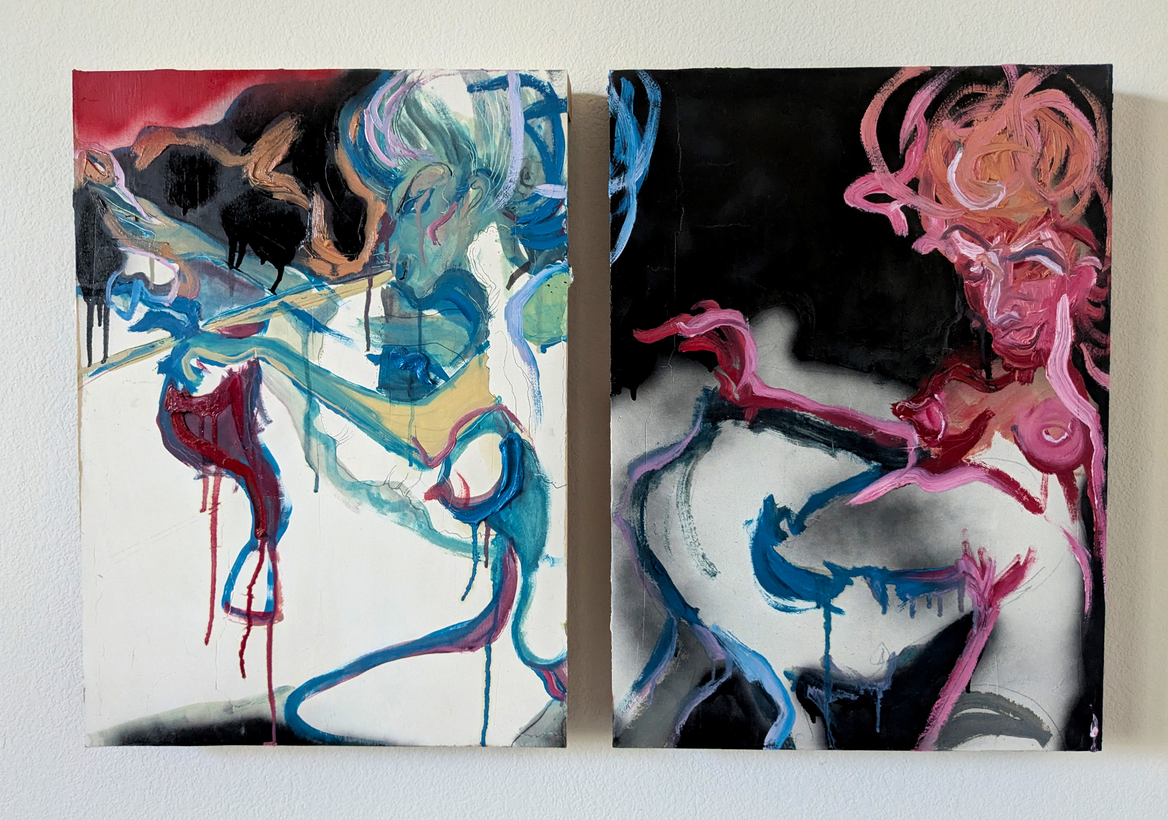 "A Mink Coat's Worth" (diptych), Aaron Sheppard, oil, spray paint, graphite, plaster on wood, 36 x 24 x 2.5 inches