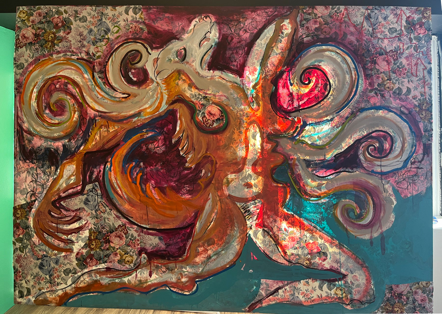 Animus in Fur (Who Lives Down the Lane), 2022, Oil, acrylic, charcoal on collaged cotton bed sheet, 73 x 95 inches