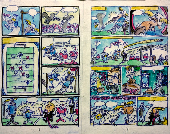 "The Misadventures of Don Dictard & Fiends" (original drawings for ongoing series) Aaron Sheppard, 2017 Cover and pgs 2-4 in 2 frames, ea. 12 x 24 inches Ink, watercolor on Arches paper