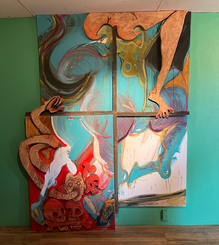 Swets: Mishima’s Head; My Own Embarrassment, 2022, Oil, acrylic, charcoal on carved wood and canvas, 90 x 69 x 6 inches