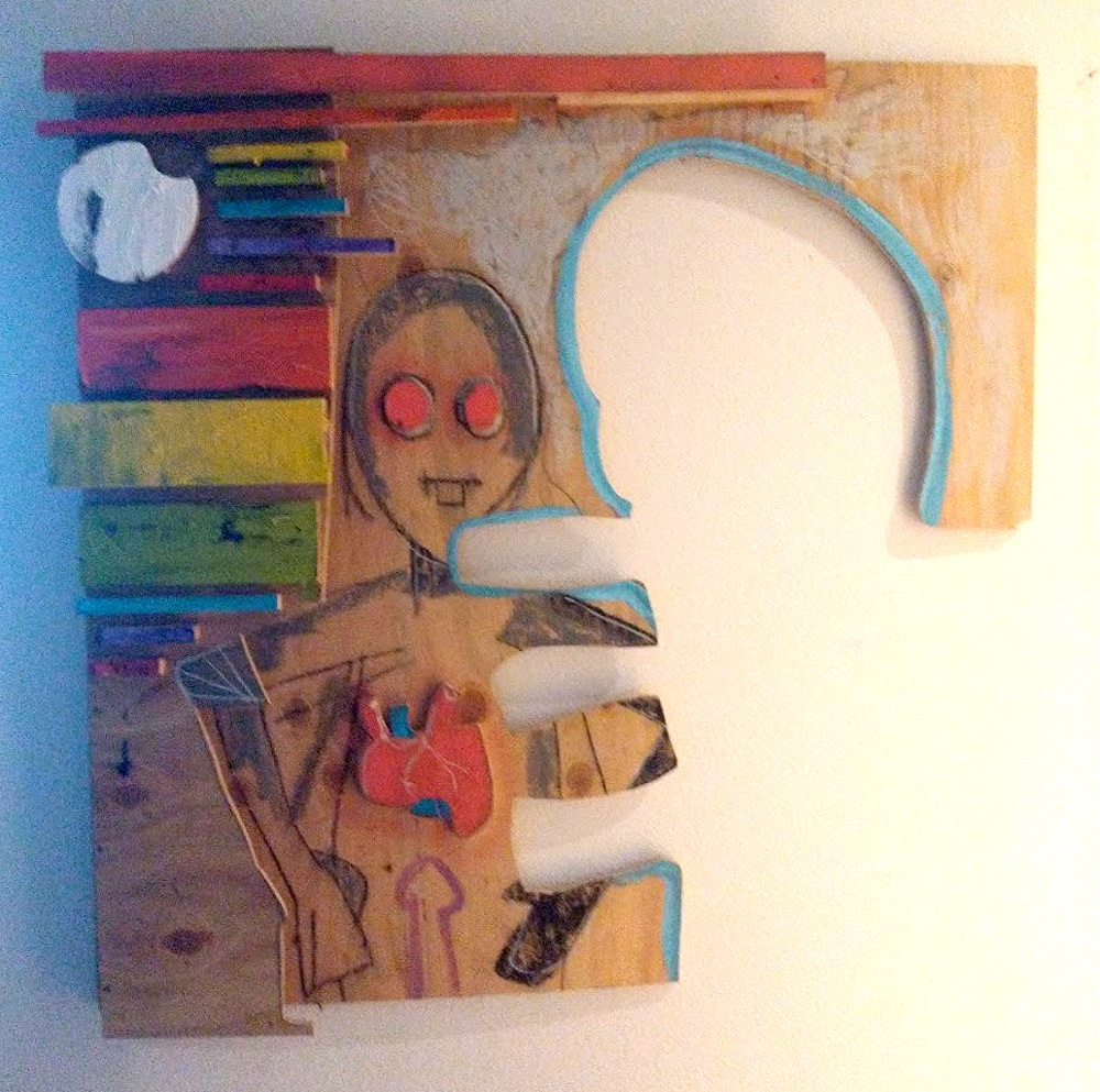 "His Mooned Droid Condition -aka- Grannie's Portrait" 2020, oil and charcoal on plywood, 49 x 49 inches