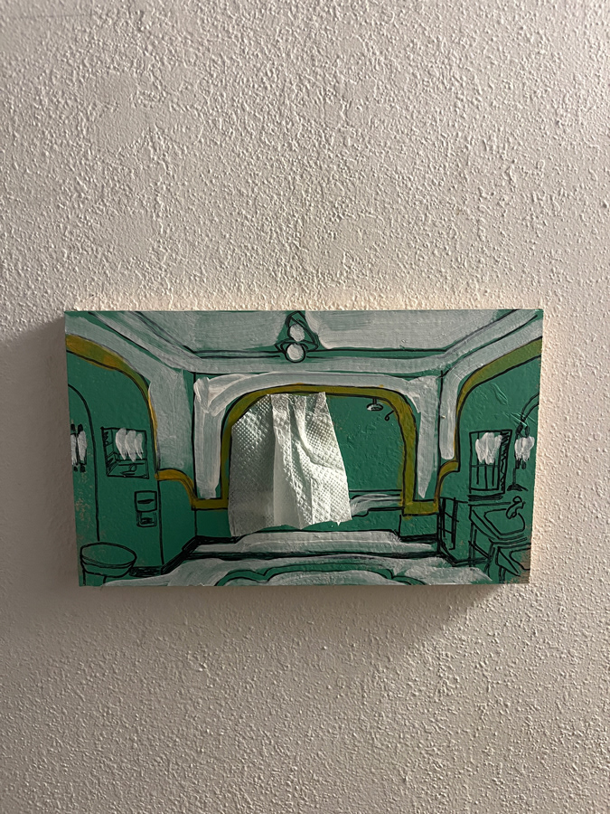 Safe Space: The Shining, 2022, Ink, acrylic, toilet paper on plywood, 8 x 12 inches