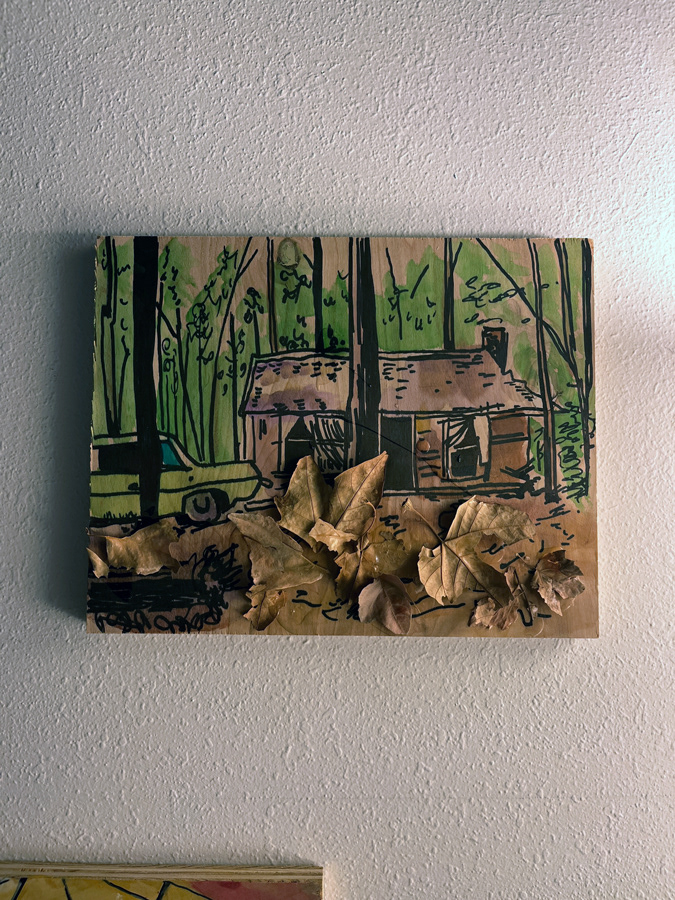 Safe Space: Evil Dead, 2022, Ink, watercolor, leaves on plywood, 8 x 12 inches