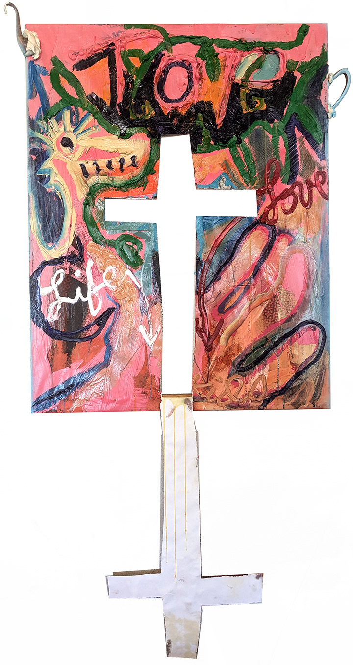 "Sus Ej-est'yun"  Aaron Sheppard, 2024 Oil, acrylic, spray paint, wood glue, pot spout and handle, plaster, caulk on photo-printed acid-free paper 63 x 32 inches