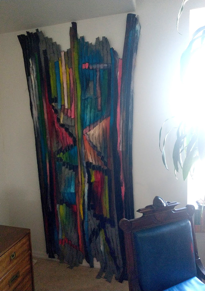 "FUCK/LOVE Tire Tread Tapestry" 2020 (living room install)