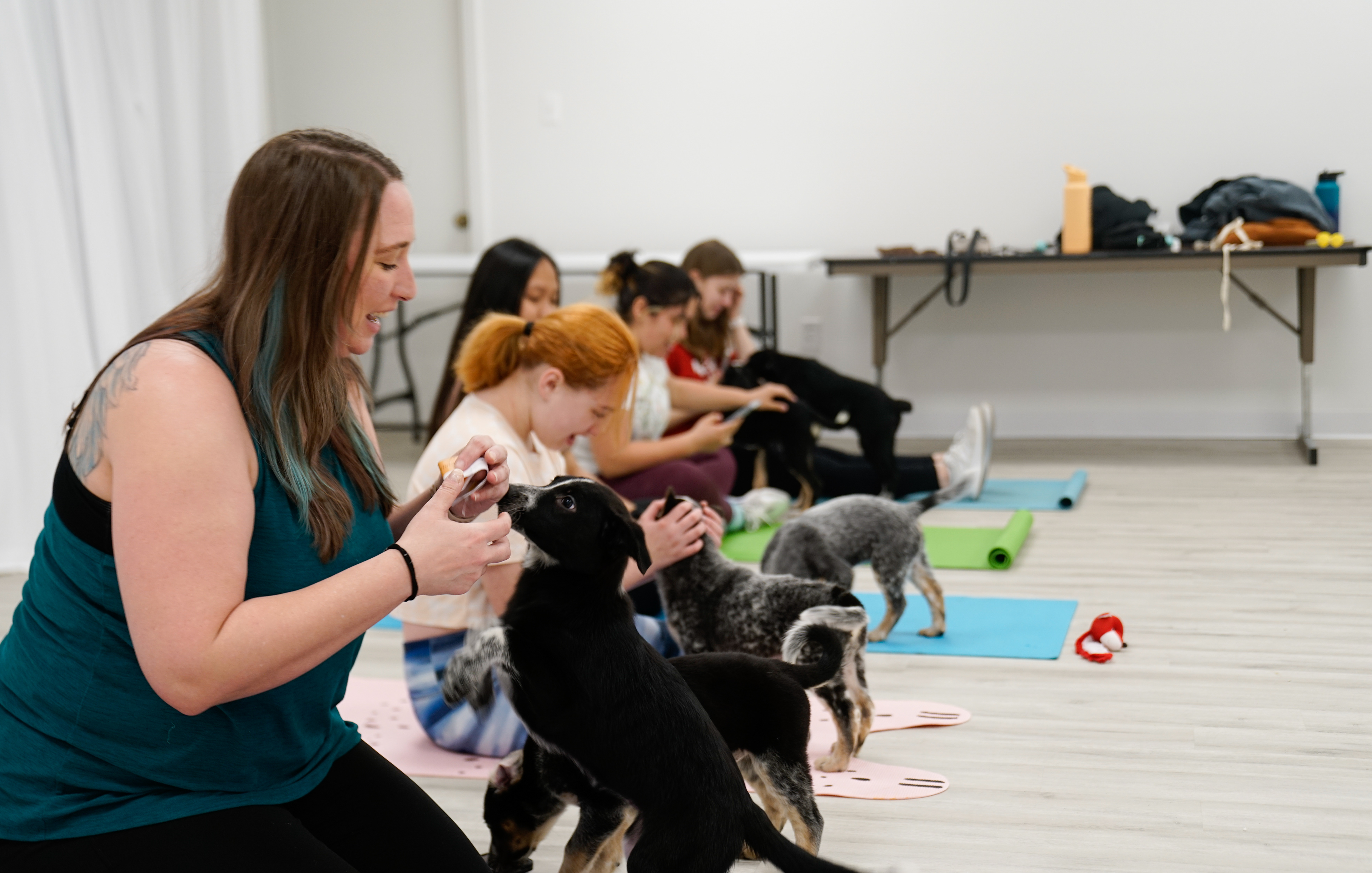 Members of a puppy yoga class feed the puppies treats on Saturday, April 8, 2023, at Selfie Love in Columbia, Mo.