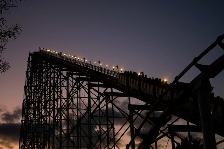 Riders on Mamba are taken up the lift hill on Sept. 15, 2019, at Worlds of Fun in Kansas City, Mo.