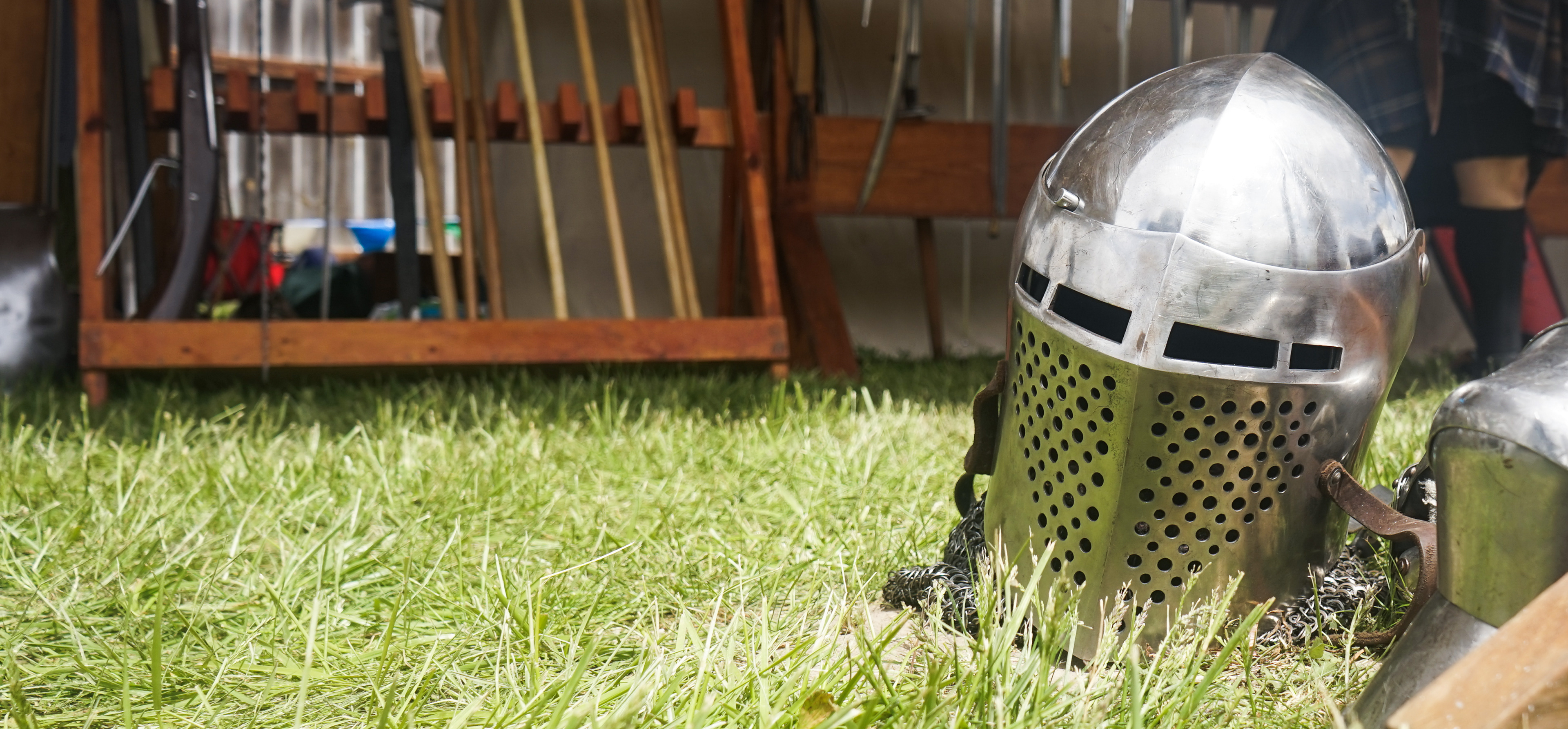 A helmet on the grass at the Central Missouri Renaissance Faire on Sunday, April 30, in Kingdom City, Mo.
