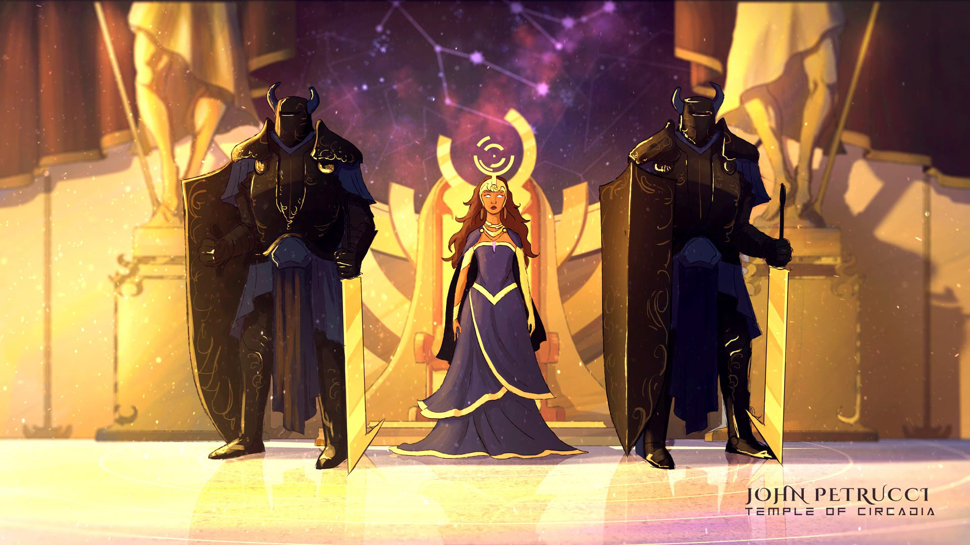 Styleframe of Temple of Circadia animation depicting the Majesty's throne room