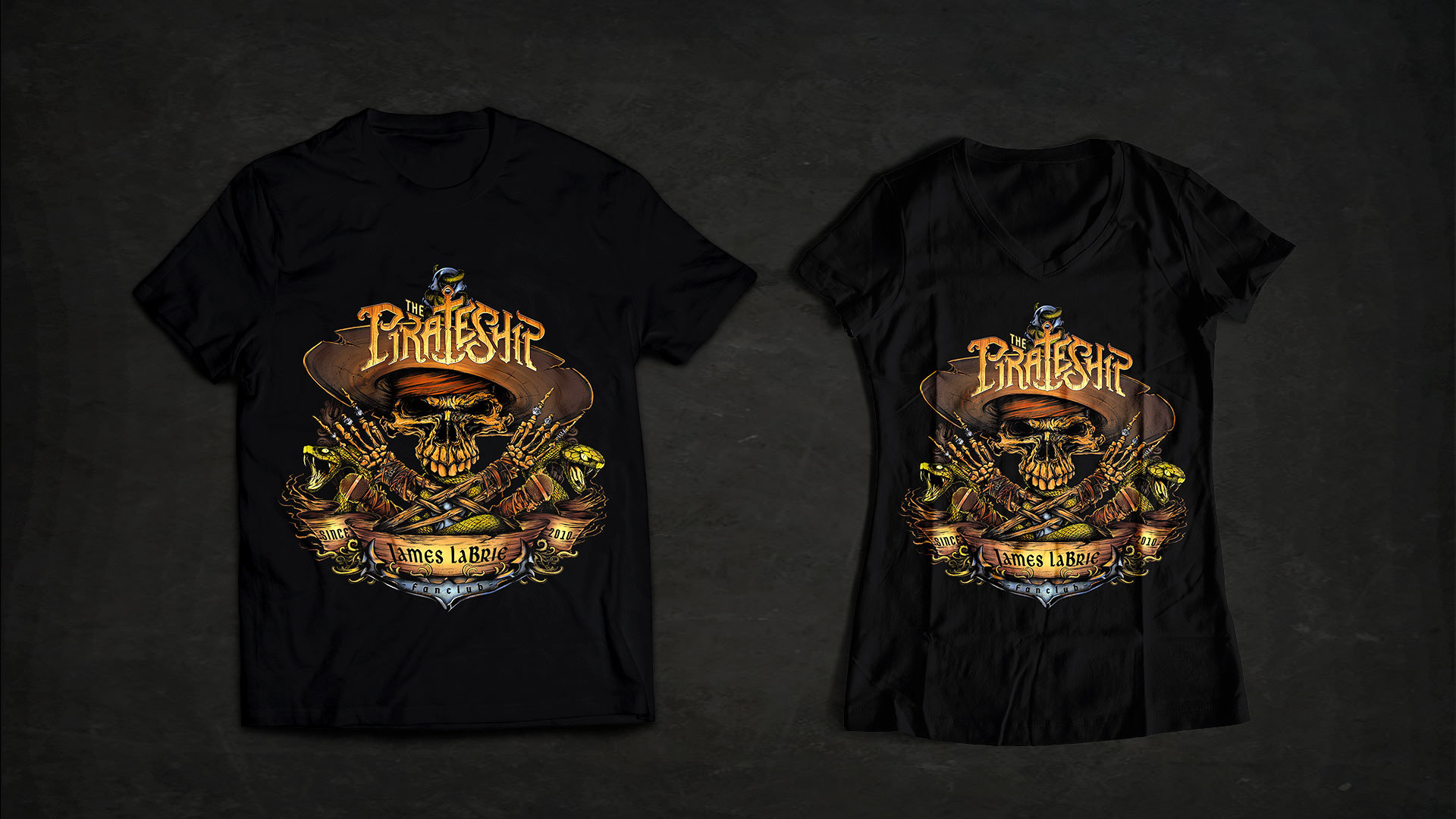 Pirate Ship logo mockup on tshirts