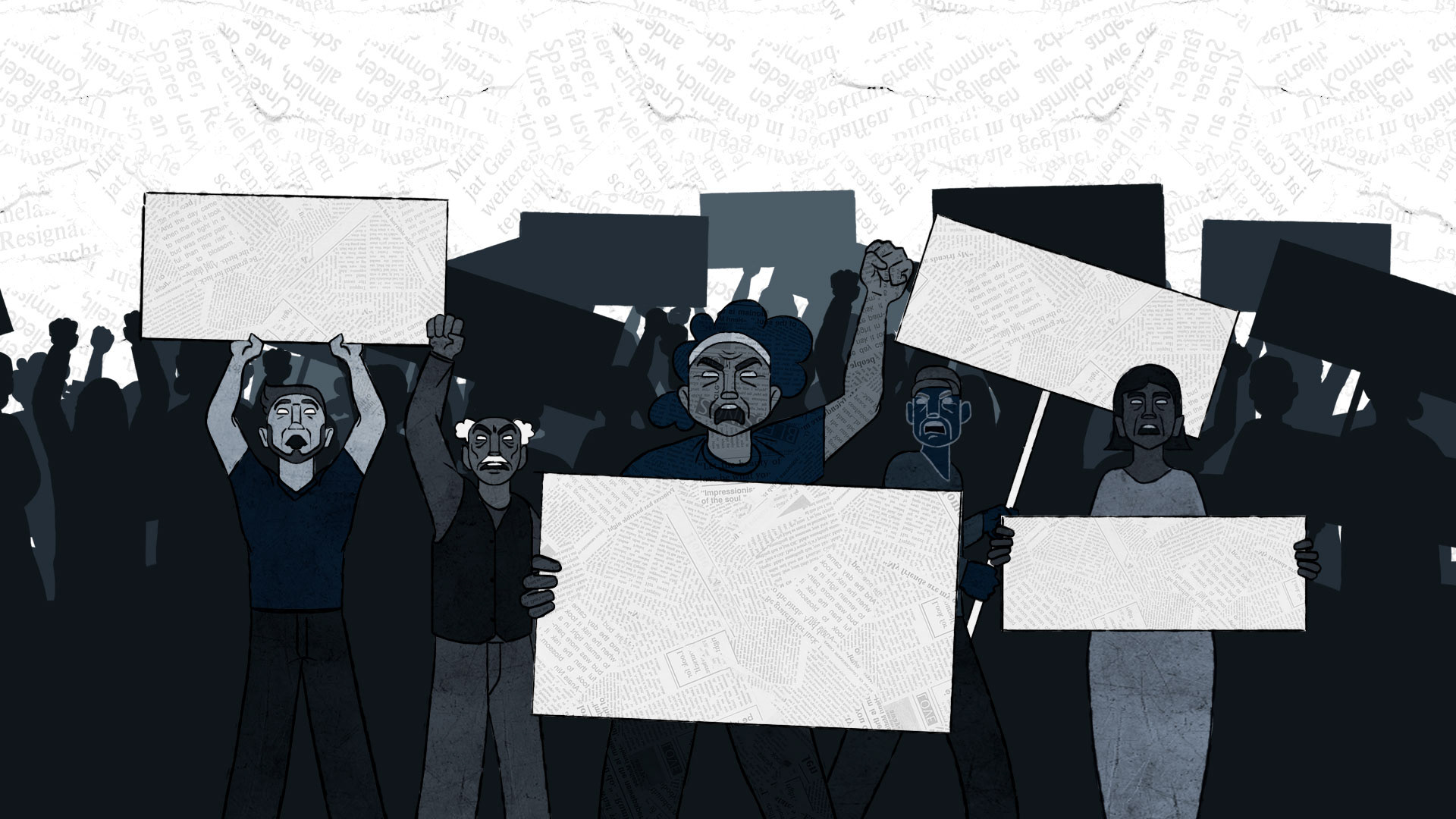 Protesters scene raising signs and boards
