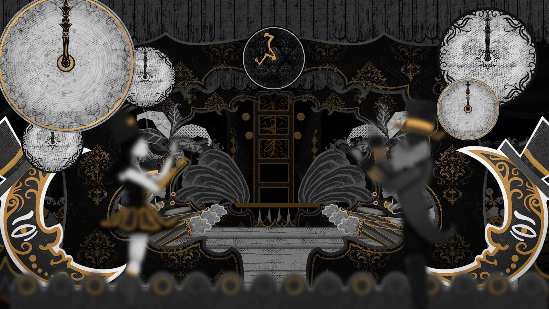 Grand finale scene showing a lot of characters and circus elements