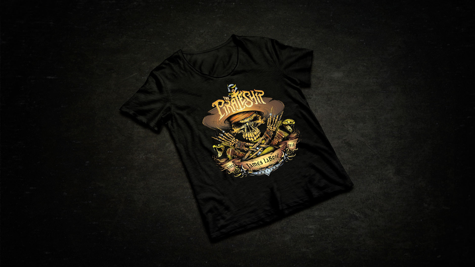 Pirate Ship logo on a black tshirt
