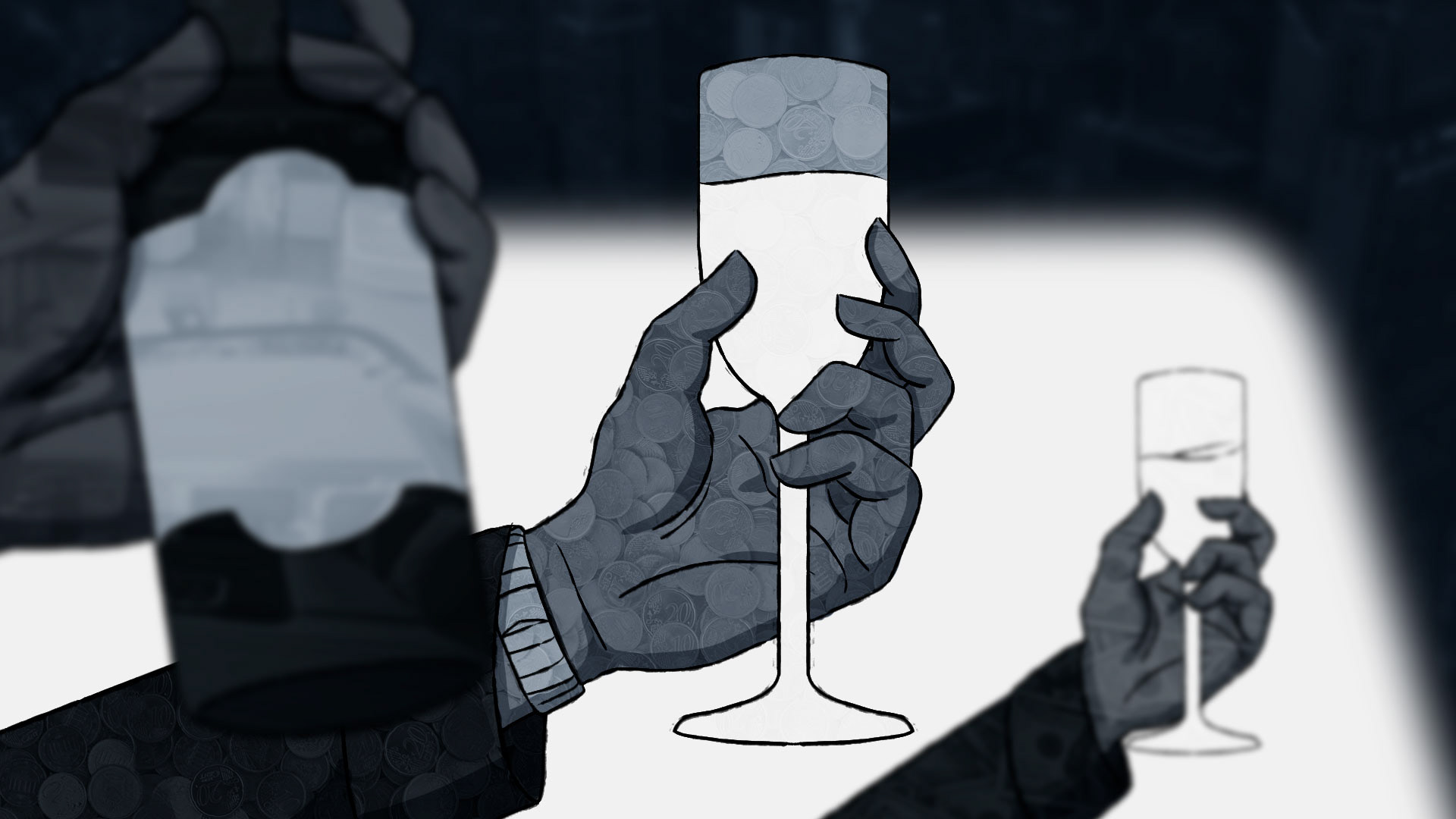 Raising glasses and bottle