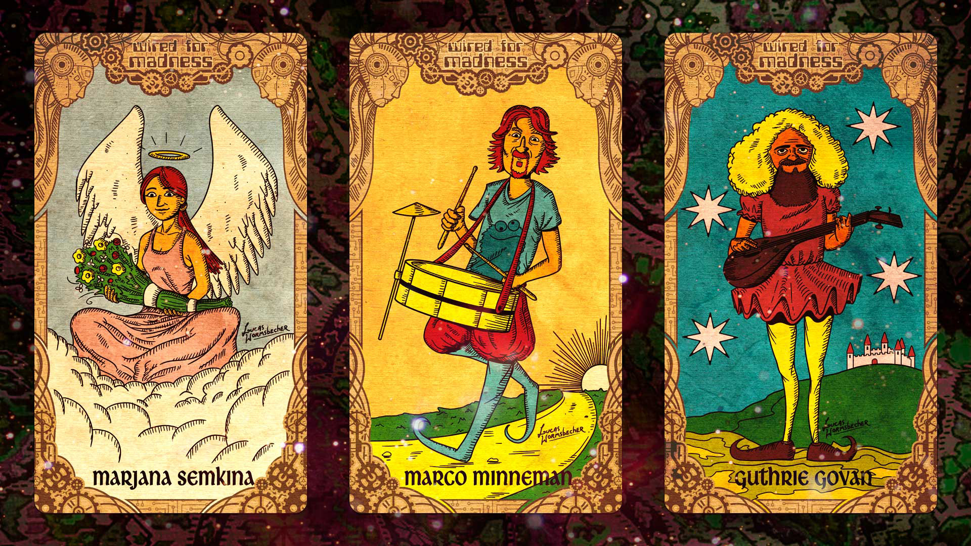 Marjana Semkina, Marco Minneman and Guthrie Govan tarot cards