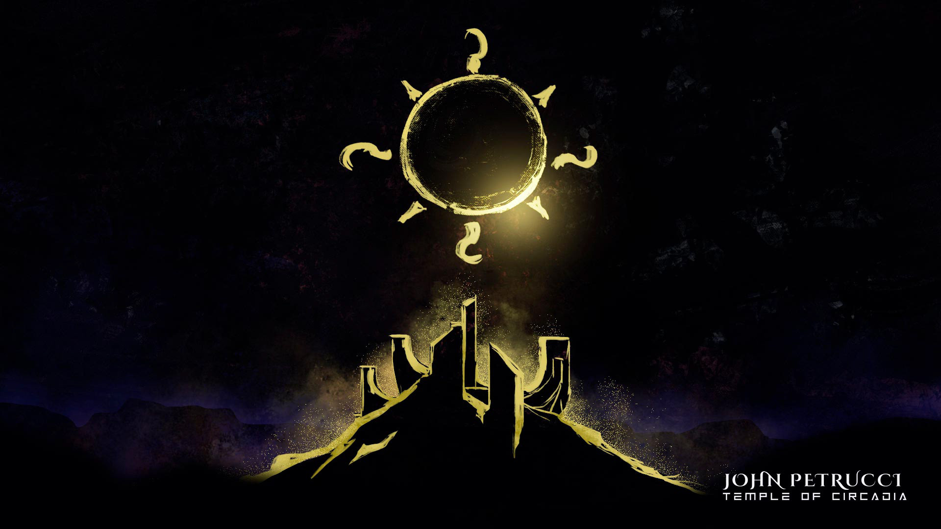 Styleframe of Temple of Circadia showing a rough sketch of the temple, and the eclipse in the sky