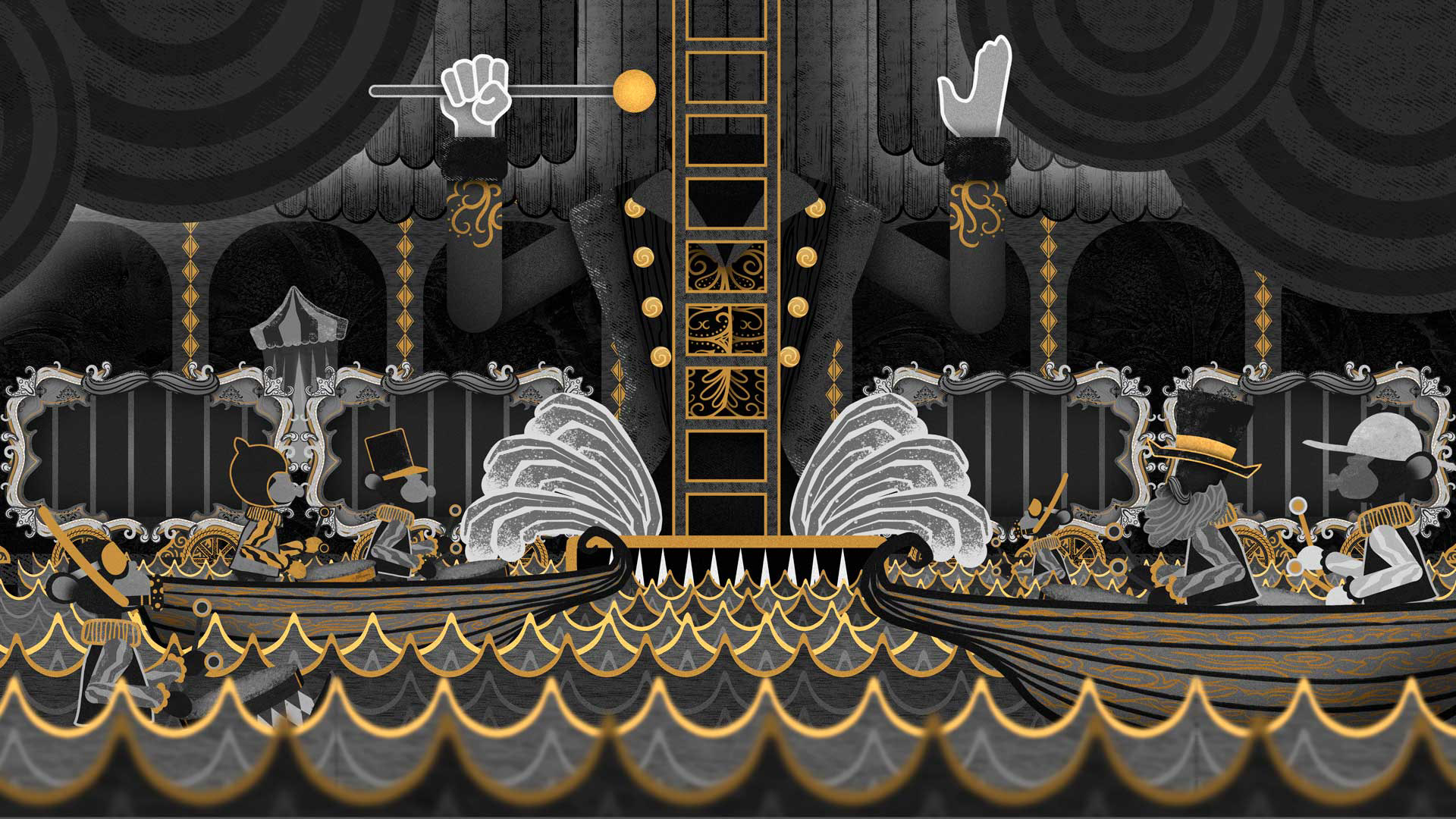 Grand finale scene showing a lot of characters and circus elements