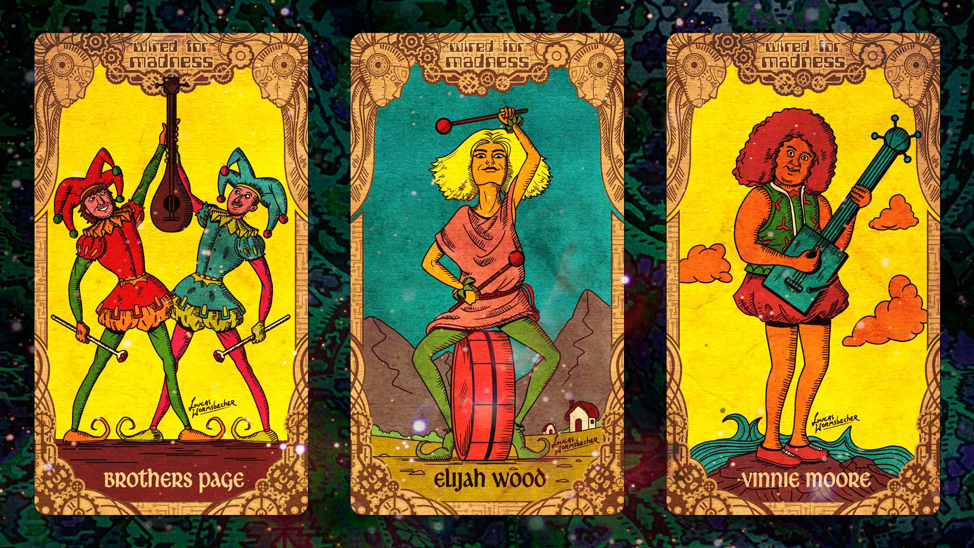 Brothers Page, Elijah Wood and Vinnie Moore tarot cards