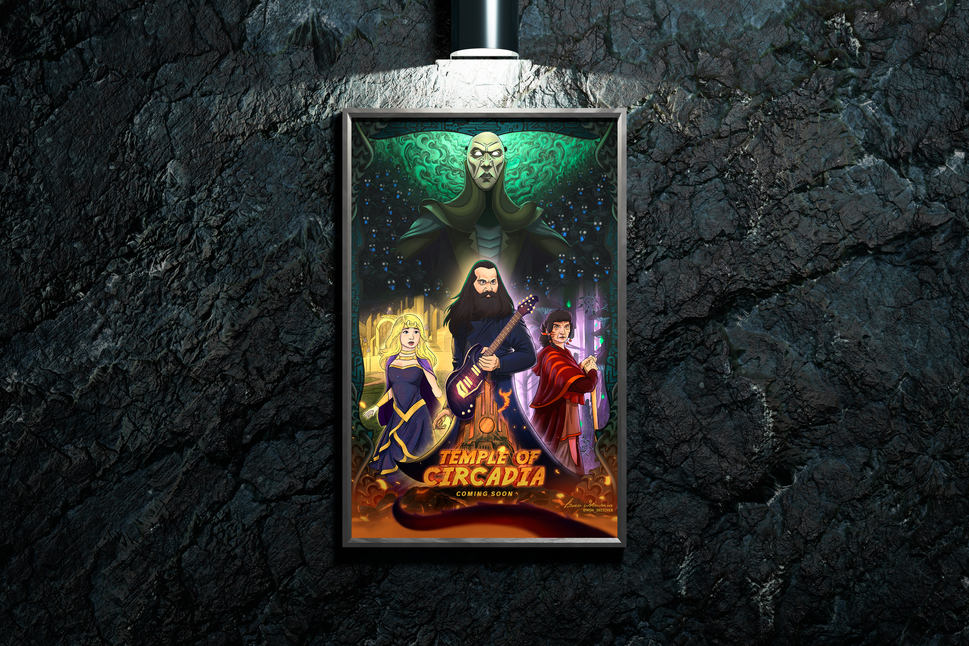 Mockup of the Temple of Circadia, framed poster on a rock wall