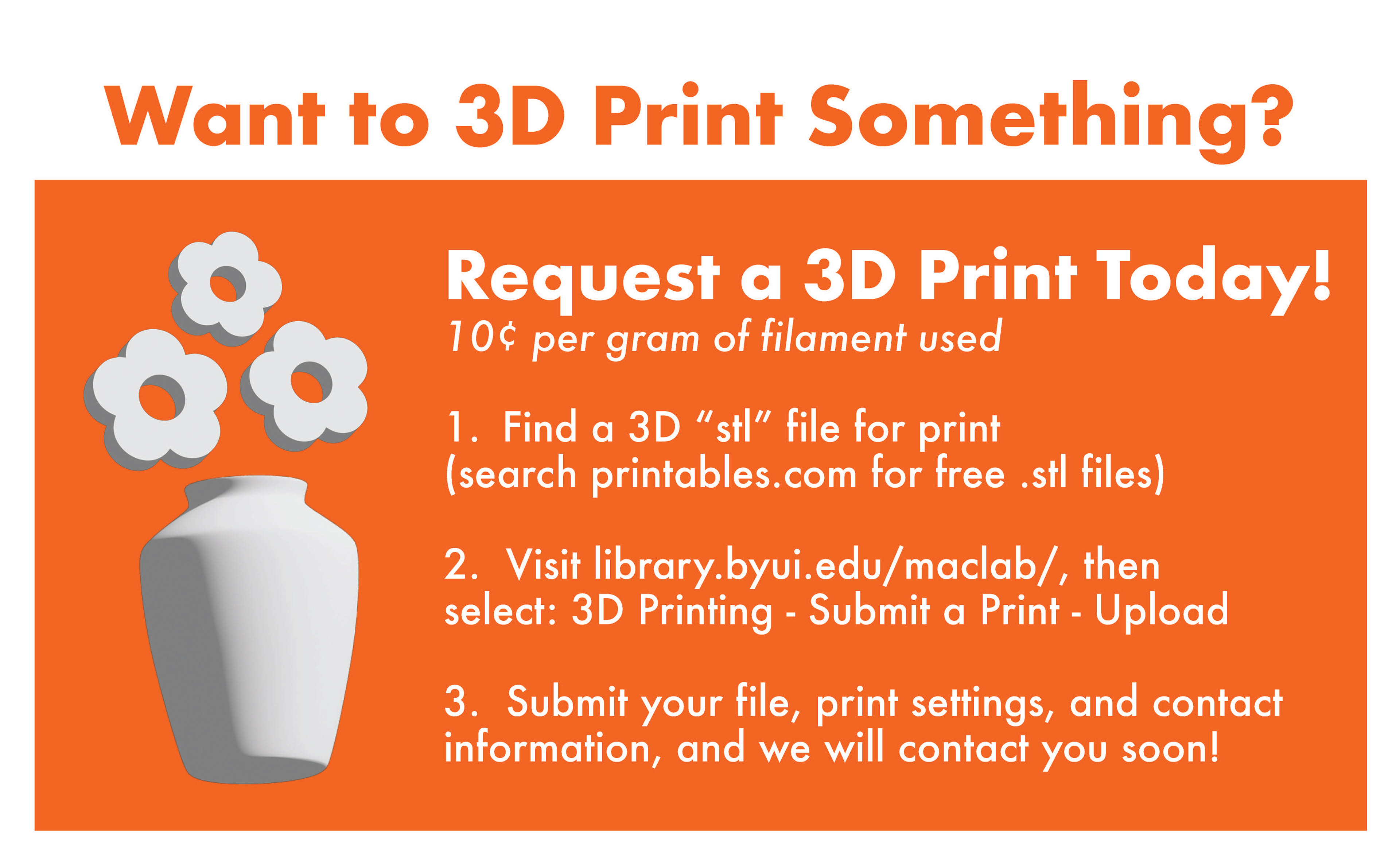 Infographic for how to submit prints to our in-house 3D printers