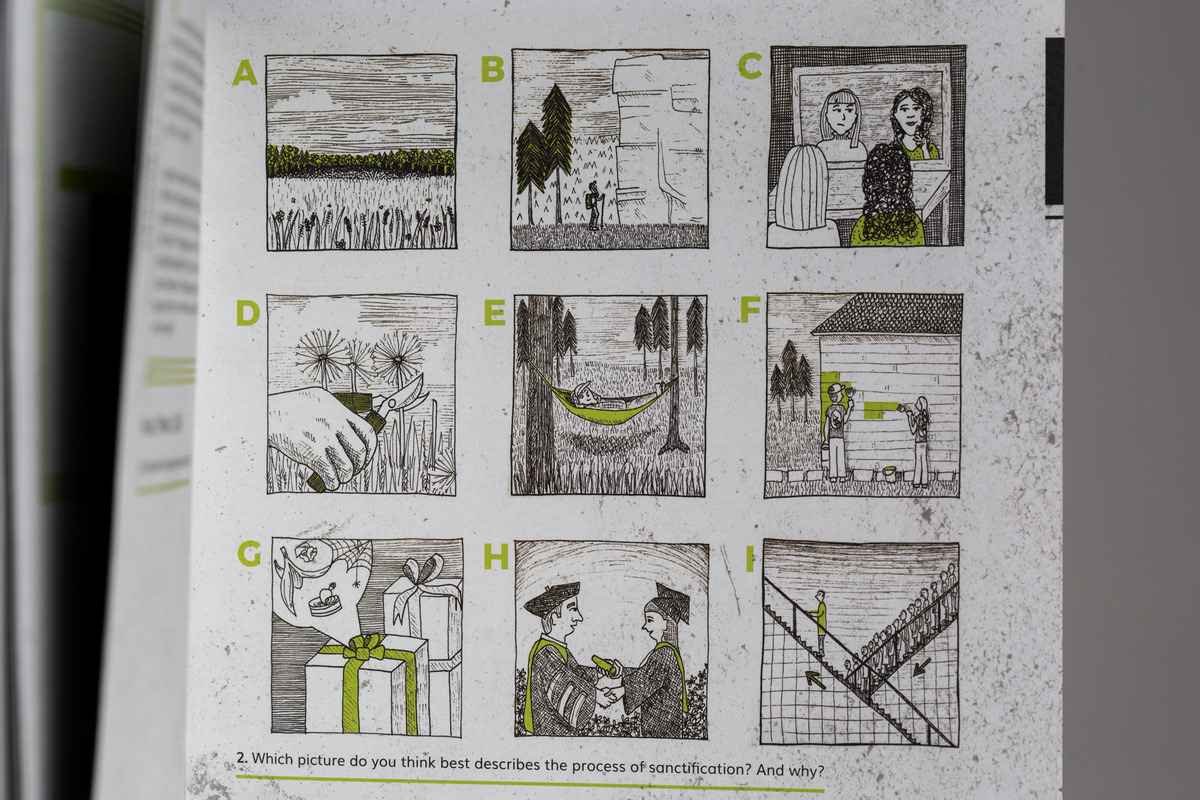 A page of the booklet. 8 illustrations depicting santification.
