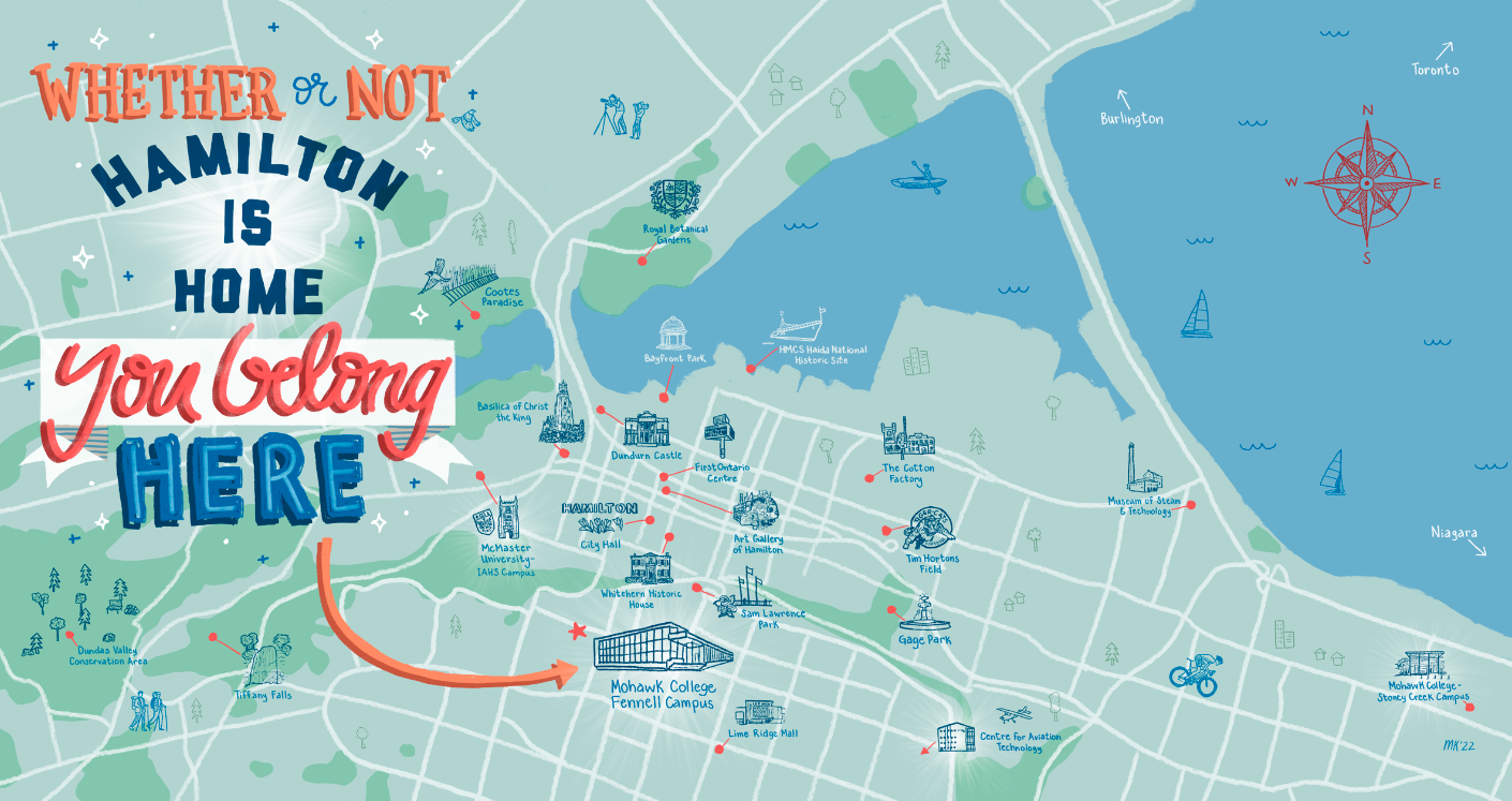 Mural of illustrated map of Hamilton, Ontario with the words, "Whether or Not Hamilton is Home, You belong here"