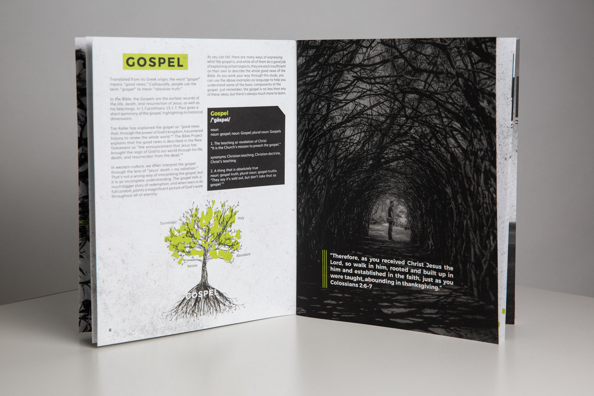 A open page of the booklet. An illustration of a tree and a photo of an archway of trees.