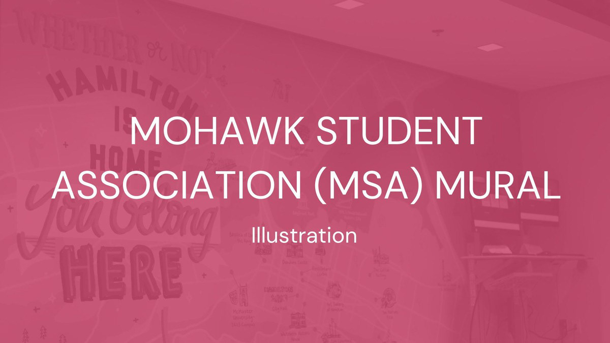 The text, "Mohawk Student Association (MSA) Mural: Illustration" over a photo of the mural with a pink overlay