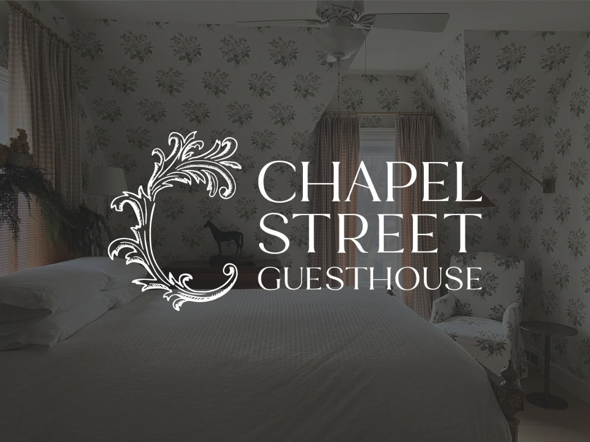 Primary logo for Chapel Street Guesthouse over an image of a bedroom