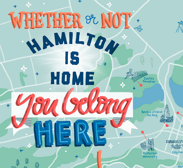 Handlettering of the text, "Whether or not Hamilton is Home, You belong Here"