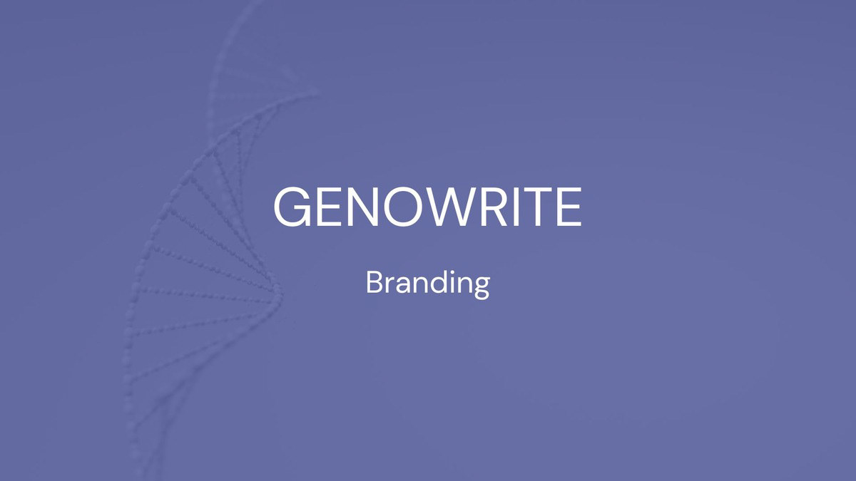 Banner image with the text, "GenoWrite Branding". Image is purple and has a strand of dna.
