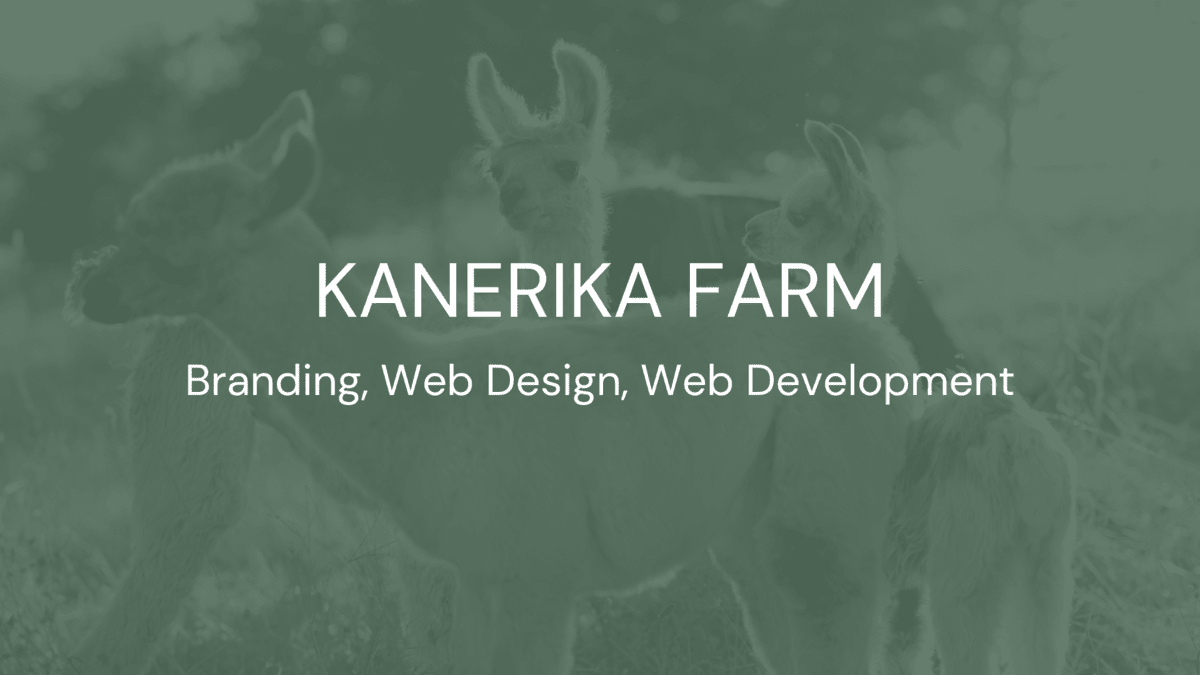 Photo of three llamas with green overlay and text reading, "Kanerika Farm; Branding, Web Design, Web Development"