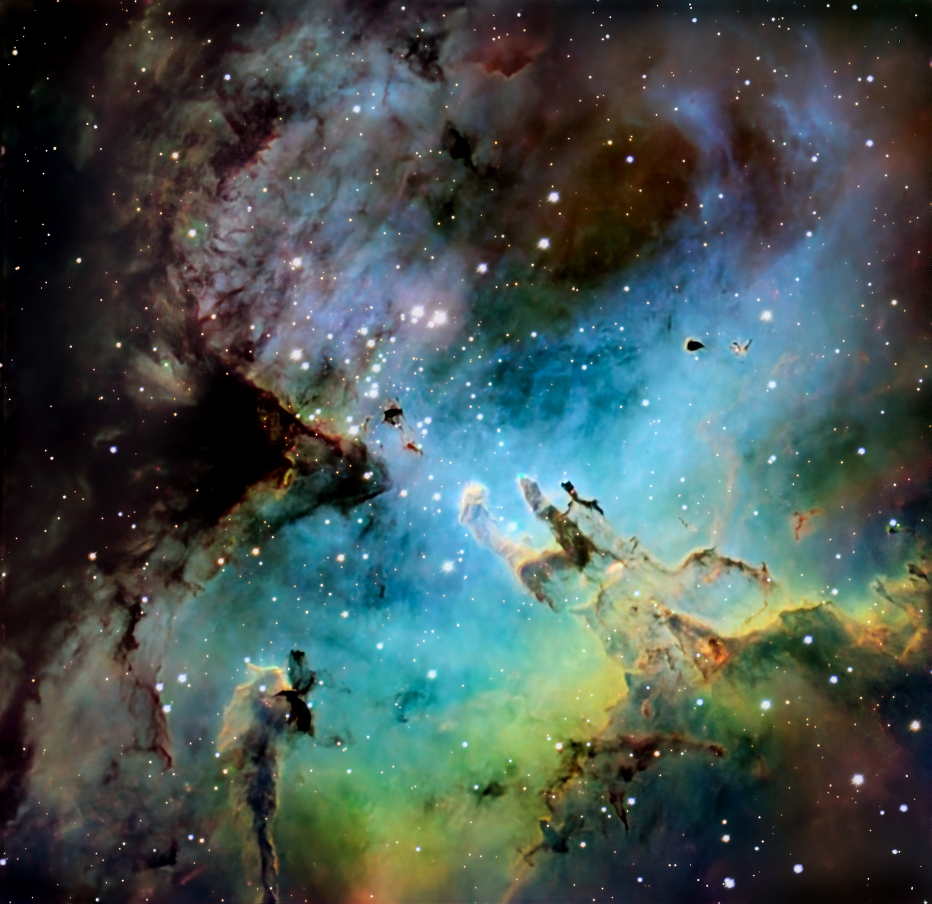 The pillars of creation 🔭 Telescope: Celestron EdgeHD 8" 📷 Camera: ZWO ASI 533MC Pro 🌀 Mount: NEQ6 Pro 🎯 Filters: Optolong L-extreme, SVBONY 7nm dual band. 🕒 Exposure: 8h HA, OIII 12h, SII 4h