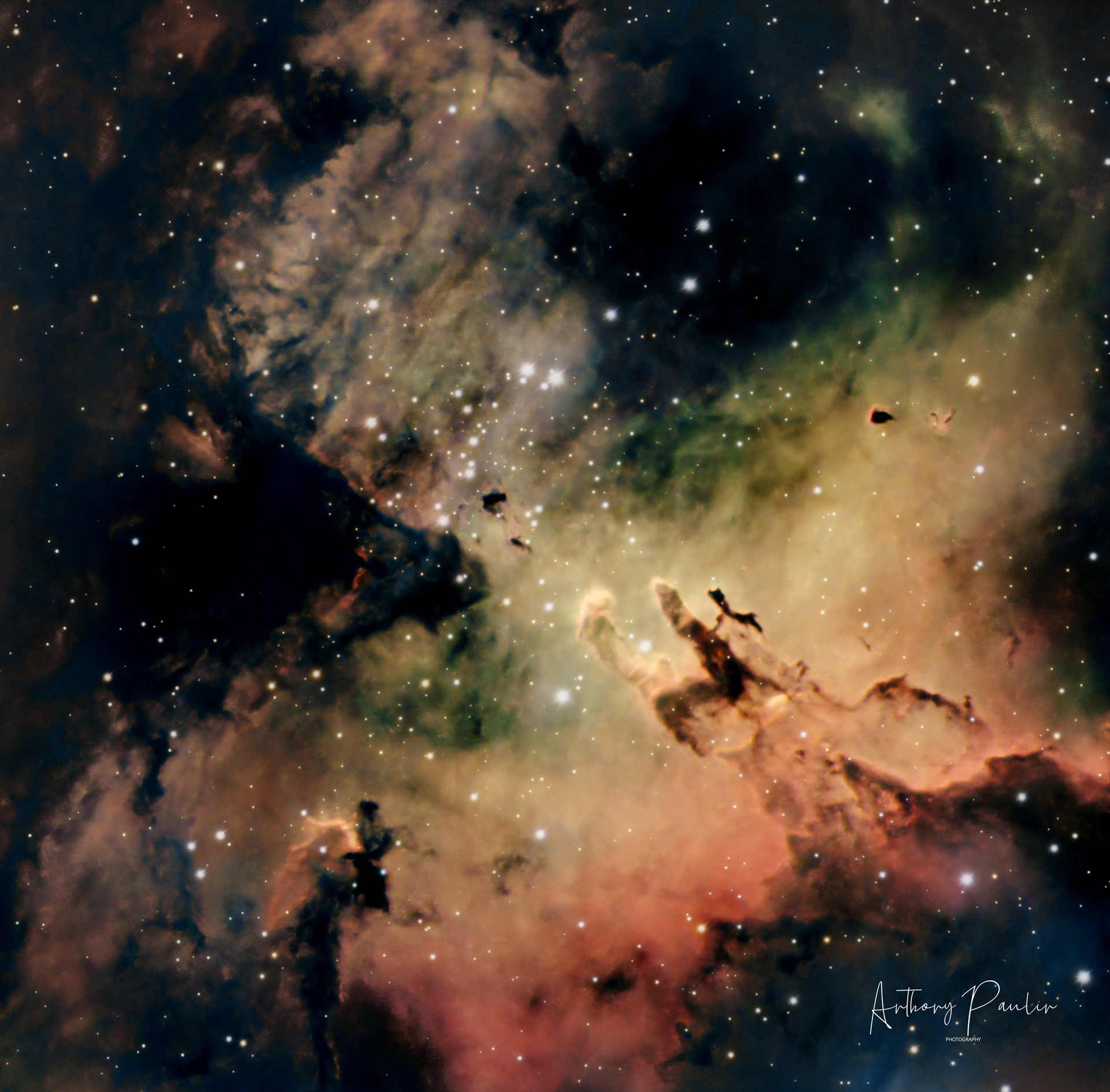The pillars of creation 🔭 Telescope: Celestron EdgeHD 8" 📷 Camera: ZWO ASI 533MC Pro 🌀 Mount: NEQ6 Pro 🎯 Filters: Optolong L-eXtreme / UV/IR Cut 🕒 Exposure: 180s per sub, total 4h (2h RGB, 2h narrowband)